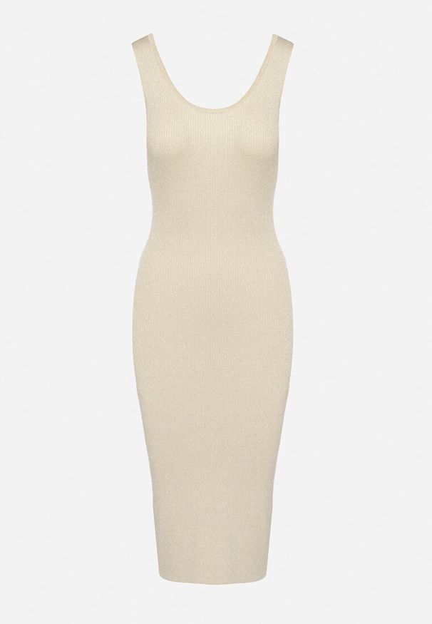 Born2be - Beżowa Sukienka o Dopasowanym Kroju z Metaliczną Nitką Neravelle. Okazja: na co dzień. Kolor: beżowy. Wzór: aplikacja. Styl: wizytowy, casual, elegancki