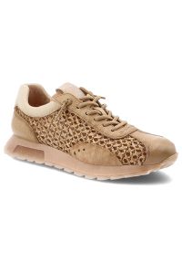 Sneakersy damskie Hispanitas, ze skóry naturalnej z tekstylnymi wstawkami ażurowymi klasyczne sznurowanie i zaokrąglony nosek, beżowe, RHV264741 Bole. Okazja: na co dzień. Zapięcie: sznurówki. Kolor: beżowy. Materiał: skóra. Szerokość cholewki: normalna. Wzór: ażurowy. Sezon: lato. Styl: klasyczny #1