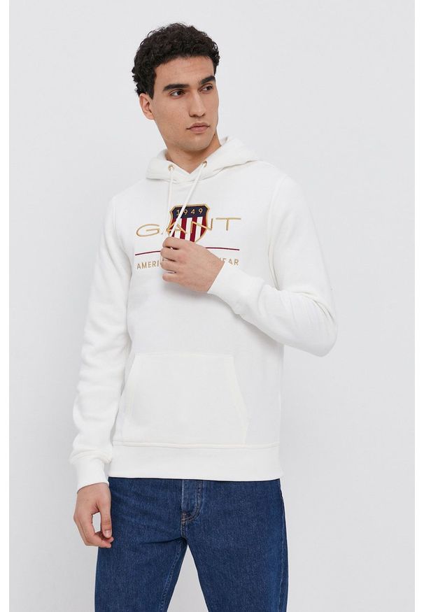 GANT - Gant Bluza męska kolor biały z kapturem z aplikacją. Okazja: na co dzień. Typ kołnierza: kaptur. Kolor: biały. Wzór: aplikacja. Styl: casual