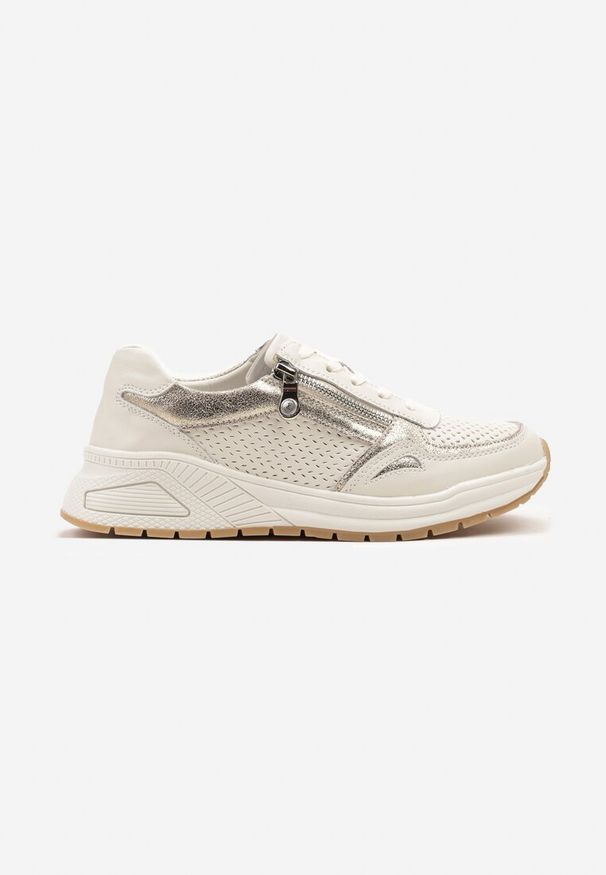 Born2be - Beżowe Sneakersy ze Skóry Naturalnej Zdobione Perforacją i Suwakiem Amivessa. Okazja: na co dzień. Kolor: beżowy. Materiał: skóra. Wzór: aplikacja