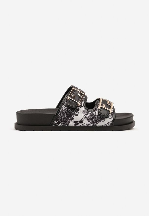 Born2be - Czarno-Białe Casualowe Klapki z Paskami z Klamrami Redunise. Okazja: na co dzień. Kolor: czarny. Materiał: jeans. Styl: casual