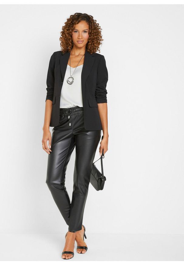 bonprix - Spodnie z gumką w talii, z imitacji skóry. Kolor: czarny. Materiał: skóra