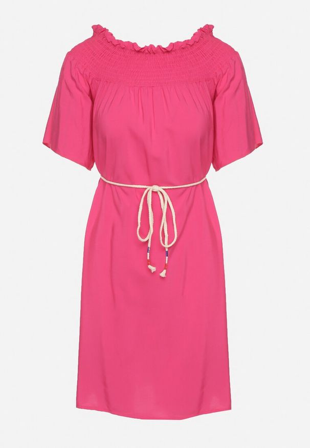 Born2be - Fuksjowa Sukienka z Wiskozą Bawełną Hiszpańskim Dekoltem i Sznurkiem Lilarenne. Okazja: na co dzień. Kolor: różowy. Materiał: bawełna, wiskoza. Sezon: lato. Styl: casual, elegancki