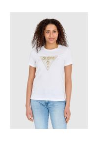 Guess - GUESS Biały t-shirt damski ze złotym haftowanym cyrkoniami logotypem slim fit, Rozmiar S. Kolor: biały. Materiał: bawełna. Wzór: haft