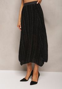 Renee - Czarna Spódnica Midi z Ozdobnym Tłoczeniem i Metaliczną Nicią Qelira. Kolor: czarny. Materiał: tkanina. Wzór: aplikacja #4
