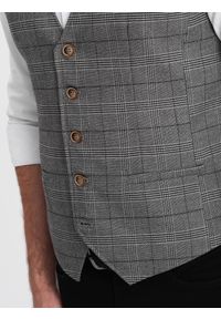 Ombre Clothing - Męska kamizelka SLIM FIT z łączonych materiałów w kratkę – grafitowa V2. Kolor: szary. Materiał: materiał. Wzór: kratka #3