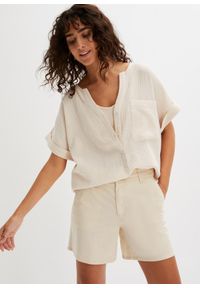 bonprix - Bluzka muślinowa z krótki rękawem. Kolor: beżowy. Długość rękawa: krótki rękaw. Długość: krótkie. Styl: elegancki #1