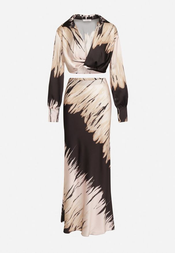 Born2be - Czarno-Beżowy Letni Komplet Krótka Koszula z Przeplatanym Dekoltem Spódnica z Gumką w Pasie Wedna. Kolor: czarny