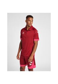 Polo Hummel Lead Functional. Typ kołnierza: polo. Kolor: czerwony. Materiał: tkanina, dzianina, prążkowany. Wzór: aplikacja, nadruk. Styl: elegancki
