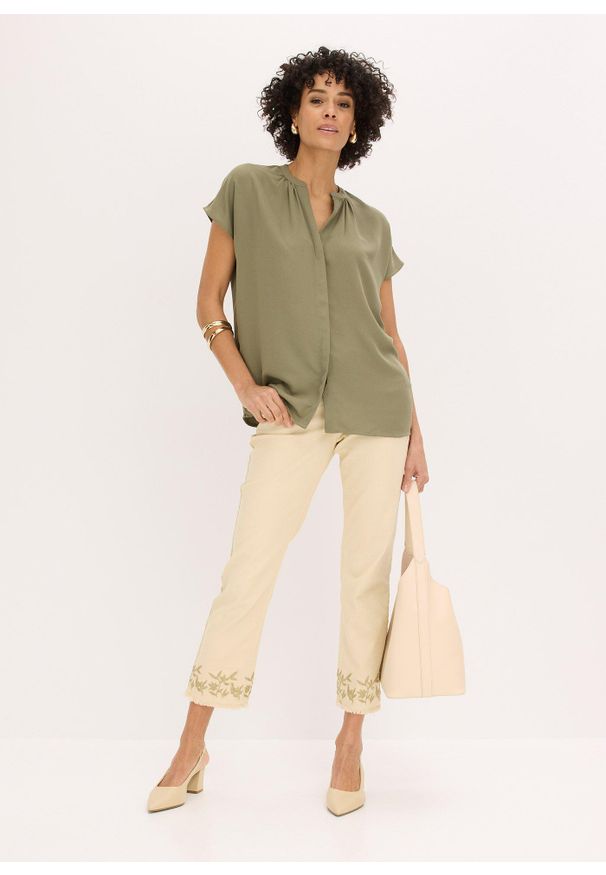 bonprix - Bluzka z krótkim rękawem i krytą plisą guzikową. Typ kołnierza: dekolt w serek. Kolor: zielony. Długość rękawa: krótki rękaw. Długość: krótkie