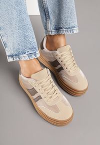 Born2be - Ciemnobeżowe Sneakersy w Stylu Klasycznych Tenisówek na Grubej Podeszwie Tuluvia. Okazja: na spacer. Kolor: beżowy. Materiał: jeans. Sport: turystyka piesza #3