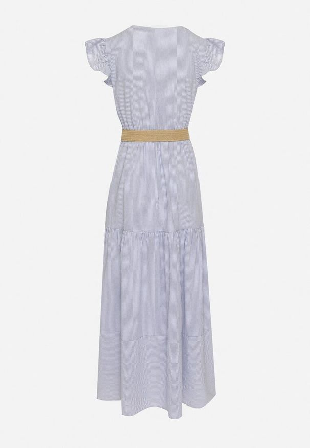 Born2be - Niebieska Bawełniana Sukienka Boho o Rozkloszowanym Kroju z Paskiem z Klamrą Iffalisse. Okazja: na spacer. Kolor: niebieski. Materiał: bawełna. Wzór: aplikacja. Typ sukienki: rozkloszowane. Styl: boho