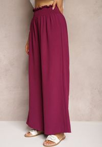 Renee - Bordowe Spodnie High Waist z Szerokimi Nogawkami i Gumką w Pasie Risabessa. Okazja: na co dzień. Stan: podwyższony. Kolor: czerwony. Styl: elegancki, casual