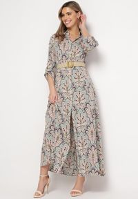 Born2be - Miętowo-Różowa Sukienka z Guzikami i Plecionym Paskiem z Klamrą Aralty. Kolor: miętowy. Długość rękawa: długi rękaw. Sezon: wiosna, lato. Typ sukienki: koszulowe #1