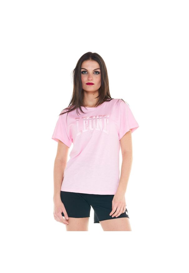 LEONE 1947 APPAREL - Damski t-shirt Cristal Shine z dużym logo. Kolor: różowy. Materiał: tkanina. Sport: fitness