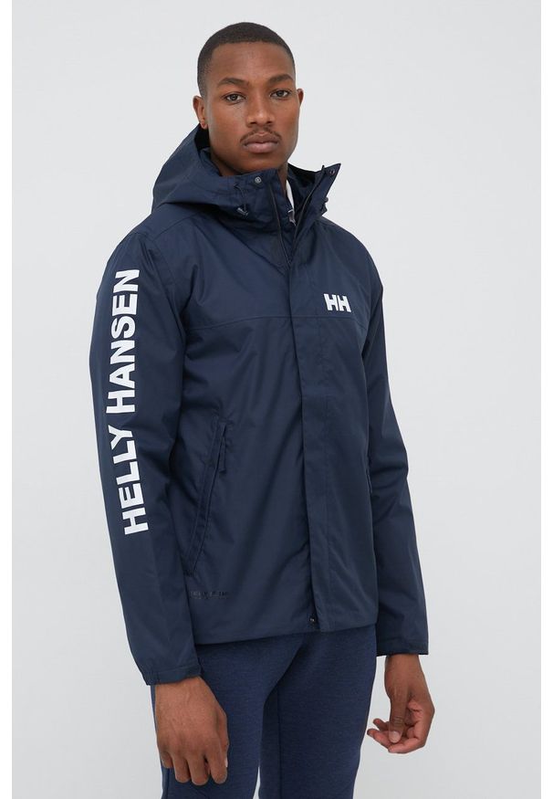 Helly Hansen - Kurtka przeciwdeszczowa. Okazja: na co dzień. Kolor: niebieski. Materiał: materiał. Wzór: nadruk. Styl: casual