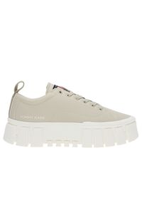 Buty Tommy Jeans Recycled Cleat Chunky EN0EN02240-AEV - beżowe. Okazja: na co dzień, na spacer. Zapięcie: sznurówki. Kolor: beżowy. Szerokość cholewki: normalna. Wzór: aplikacja. Materiał: nylon, guma, materiał, poliester. Sezon: wiosna, jesień. Obcas: na platformie. Sport: turystyka piesza
