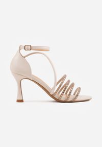 Renee - Beżowe Eleganckie Sandały VICES na Klepsydrowym Obcasie z Ozdobnymi Cyrkoniami Solenne. Zapięcie: pasek. Kolor: beżowy. Materiał: satyna. Obcas: na obcasie. Styl: elegancki. Wysokość obcasa: średni #2