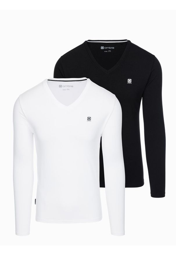 Ombre Clothing - Komplet męskich longsleeve'ów SLIM FIT z dekoltem typu V i logotypem 2-pak – mix biały/czarny V2 - Rozmiar: XL. Okazja: na co dzień. Kolor: biały. Materiał: elastan, bawełna. Długość rękawa: długi rękaw. Styl: casual