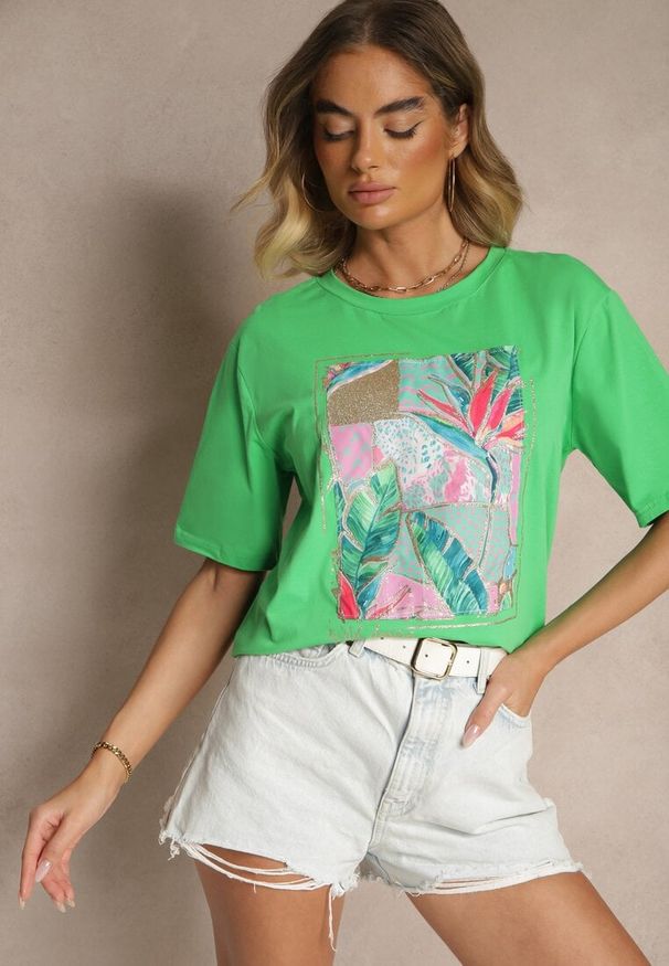 Renee - Zielony T-shirt z Bawełny Ozdobiony Brokatem Isadelle. Okazja: na co dzień. Kolor: zielony. Materiał: bawełna. Wzór: aplikacja. Styl: klasyczny, casual