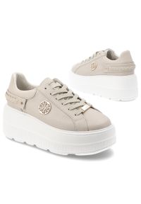 Sneakersy damskie S.Barski, ze skóry naturalnej licowej gruba podeszwa platforma sznurowane styl casual, beżowe, LR61-7095. Okazja: na co dzień. Kolor: beżowy. Materiał: skóra. Obcas: na platformie #4