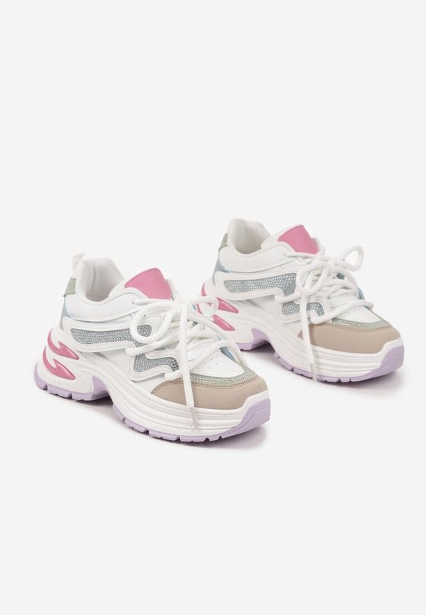 Renee - Biało-Różowe Sneakersy na Platformie z Grubymi Sznurówkami Kilanne. Okazja: na co dzień. Kolor: biały. Materiał: jeans, skóra. Obcas: na platformie