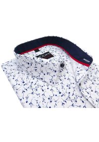 Modini - Biała koszula w granatowo-szare kwiaty Y10. Typ kołnierza: kołnierzyk klasyczny. Kolor: szary, biały, wielokolorowy, niebieski. Materiał: bawełna, poliester, tkanina. Długość: długie. Wzór: kwiaty. Styl: klasyczny #1