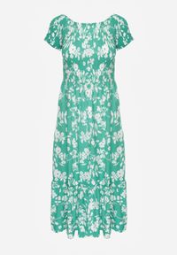 Born2be - Zielona Kwiecista Sukienka Hiszpanka Maxi z Marszczonymi Gumkami Ebothia. Typ kołnierza: dekolt hiszpanka. Kolor: zielony. Długość: maxi #8