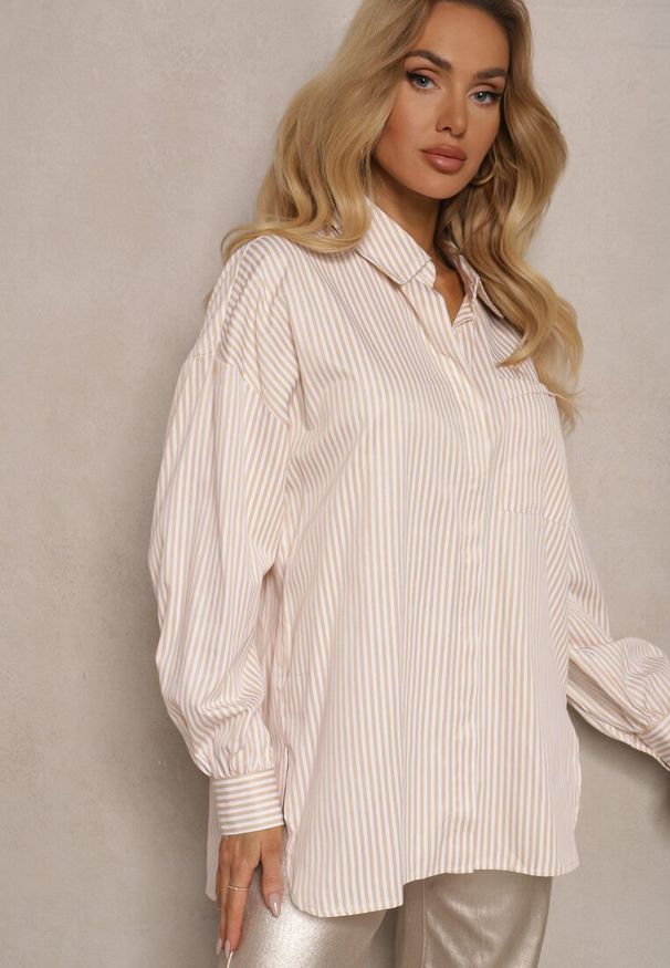 Renee - Beżowa Koszula z Długim Rękawem Zapinana na Guziki z Kieszonką Vloenni. Okazja: na co dzień. Typ kołnierza: kołnierzyk klasyczny. Kolekcja: plus size. Kolor: beżowy. Długość rękawa: długi rękaw. Długość: długie. Styl: klasyczny, casual, elegancki