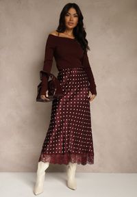 Renee - Bordowa Spódnica z Wiskozy High Waist Ozdobiona Kropkami i Koronką Monivia. Stan: podwyższony. Kolor: czerwony. Materiał: wiskoza, koronka. Wzór: aplikacja, kropki, koronka #1