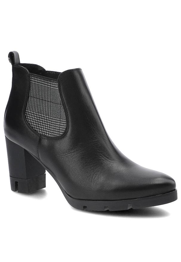 Czarne Botki Karino Damskie Eleganckie Obuwie. Okazja: do pracy, na spotkanie biznesowe. Kolor: czarny. Materiał: skóra. Obcas: na obcasie. Styl: elegancki. Wysokość obcasa: średni