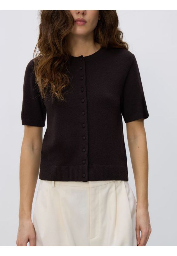 Reserved - Kardigan z wełny merino - ciemnobrązowy. Kolor: brązowy. Materiał: wełna