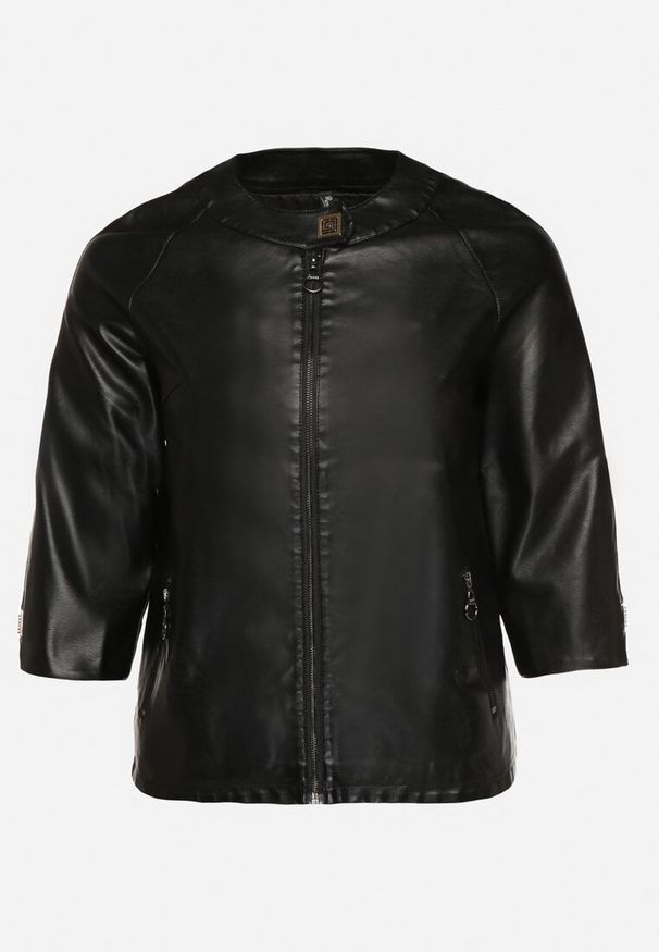 Born2be - Czarna Gładka Kurtka Ramoneska z Rękawem 3/4 Mirseli. Okazja: na co dzień. Kolor: czarny. Materiał: jeans. Wzór: gładki. Styl: elegancki, casual, klasyczny