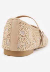 Renee - Ciemnobeżowe Plecione Balerinki Boho w Stylu Mary Jane z Siateczki Raithea. Nosek buta: okrągły. Zapięcie: pasek. Kolor: beżowy. Wzór: ażurowy, haft. Styl: boho #9