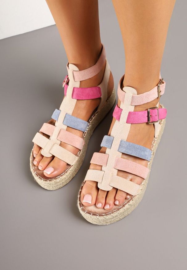 Renee - Beżowo-Różowe Sandały Typu Gladiatorki na Plecionej Podeszwie Falinora. Okazja: na co dzień, na spacer. Kolor: beżowy. Styl: casual, elegancki