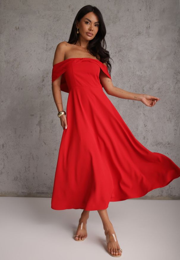 Renee - Czerwona Rozkloszowana Sukienka Koktajlowa VICES z Hiszpańskim Dekoltem Neamerianne. Okazja: na wesele, na ślub cywilny. Typ kołnierza: dekolt hiszpanka. Kolor: czerwony. Materiał: lakier, poliester. Typ sukienki: rozkloszowane. Styl: wizytowy