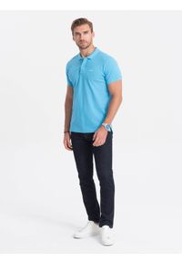 Ombre Clothing - Koszulka polo z dzianiny pique - niebieska V3. Typ kołnierza: polo. Kolor: niebieski. Materiał: dzianina. Wzór: haft #6
