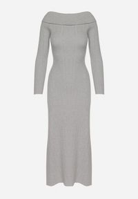 Born2be - Szara Rozkloszowana Sukienka z Wiskozą i Odkrytymi Ramionami Siannela. Okazja: na co dzień. Kolor: szary. Materiał: wiskoza. Długość rękawa: długi rękaw. Styl: klasyczny, casual, elegancki #6