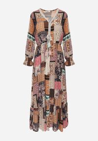 Renee - Beżowa Sukienka Althithoe. Typ kołnierza: dekolt w serek. Kolor: beżowy. Wzór: kolorowy, aplikacja. Długość: maxi #7