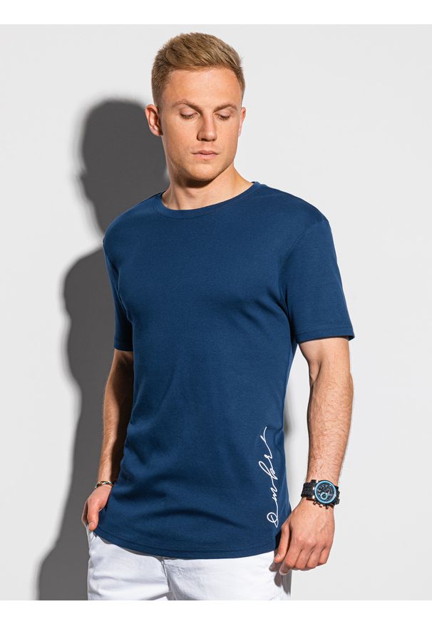 Ombre Clothing - T-shirt męski bawełniany z nadrukiem S1387 - granatowy - XXL. Kolor: niebieski. Materiał: bawełna. Wzór: nadruk