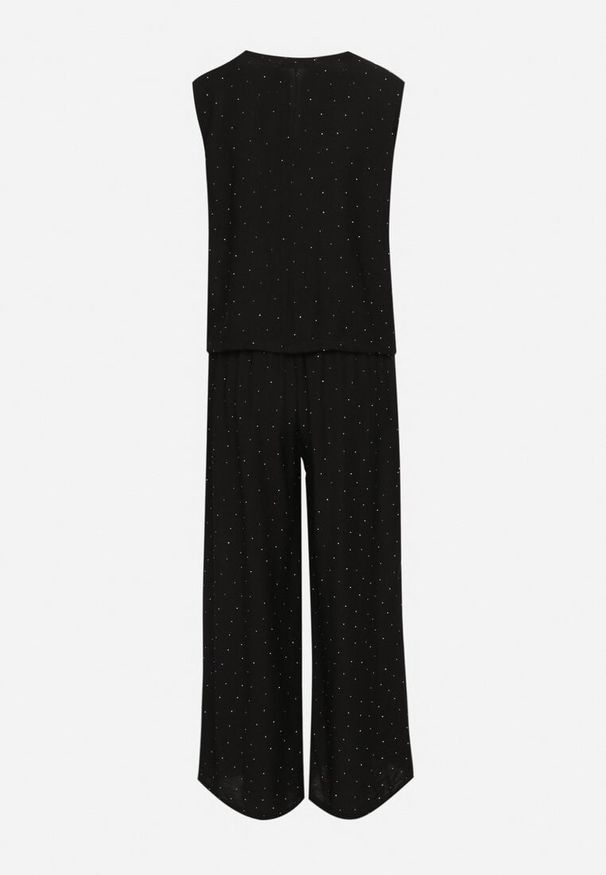 Born2be - Czarny Komplet Garniturowy z Lnem Zdobiony Cyrkoniami Kamizelka i Spodnie Rederose. Kolor: czarny. Materiał: len. Wzór: aplikacja