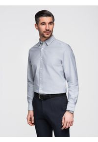 Ombre Clothing - Elegancka koszula męska oxford z haftem – jasnoszara V2 - Rozmiar: M. Okazja: na spotkanie biznesowe, do pracy. Typ kołnierza: kołnierzyk klasyczny. Kolor: szary. Materiał: tkanina, bawełna. Wzór: haft. Styl: elegancki