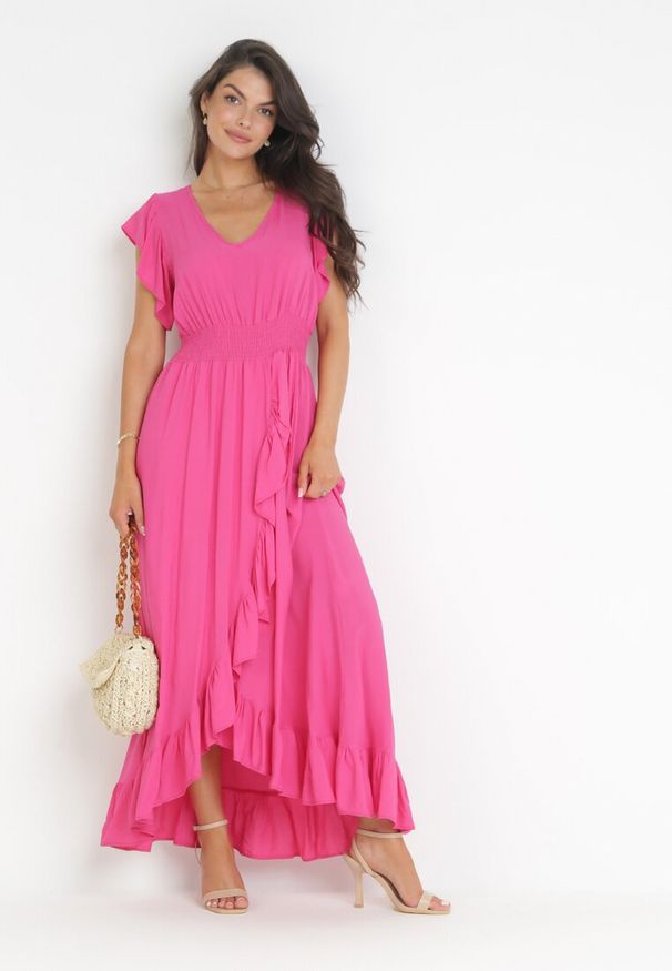 Born2be - Fuksjowa Wiskozowa Sukienka z Kopertowym Dołem i Dekoltem Lail. Kolor: różowy. Materiał: wiskoza. Typ sukienki: kopertowe