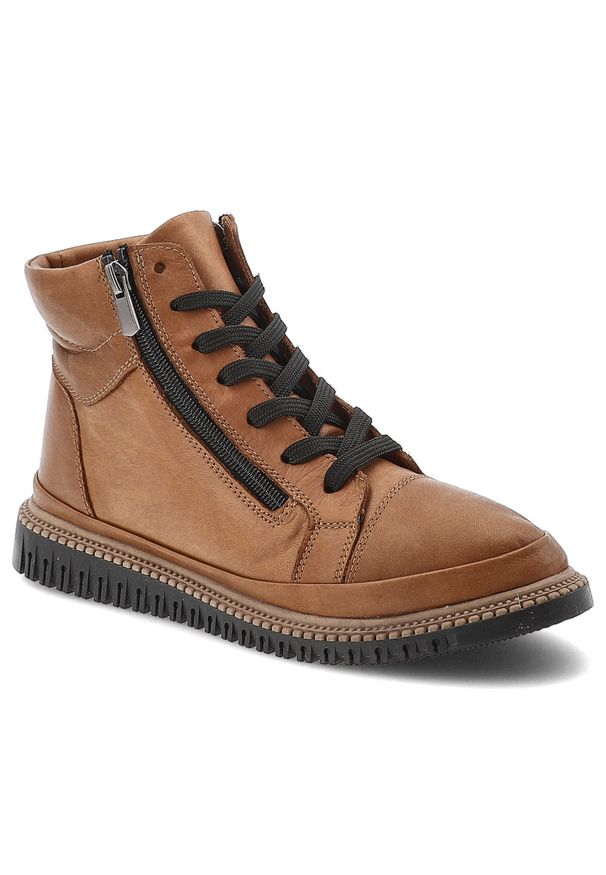 Brązowe Botki Artiker Wygodne Obuwie Damskie. Okazja: na co dzień. Zapięcie: sznurówki. Kolor: brązowy. Materiał: skóra, jeans. Styl: klasyczny, casual, elegancki