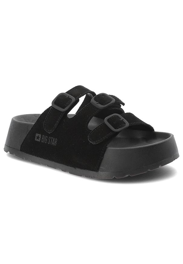 Big-Star - Klapki damskie Big Star, cholewka z materiału tekstylnego z dwoma regulowanymi paskami i sprzączkami, czarne, TT274531. Okazja: na co dzień. Kolor: czarny. Materiał: materiał. Wzór: paski. Sezon: lato. Styl: casual, klasyczny, elegancki