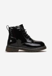 Born2be - Czarne Lakierowane Botki Workery Ozdobione Nadrukiem Fastama. Okazja: na co dzień. Kolor: czarny. Materiał: lakier. Wzór: aplikacja, nadruk. Styl: casual