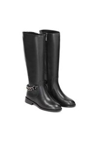 Kazar - Czarne kozaki damskie. Wysokość cholewki: przed kolano. Kolor: czarny. Materiał: skóra. Szerokość cholewki: normalna. Wzór: aplikacja. Obcas: na płaskiej podeszwie #2