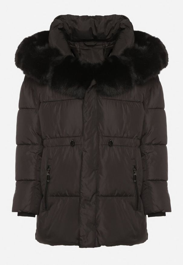 Born2be - Czarna Kurtka z Pikowanymi Przeszyciami i Kapturem z Futerkiem Galiadia. Okazja: na spacer, na co dzień. Kolor: czarny. Materiał: futro. Styl: casual, sportowy, klasyczny