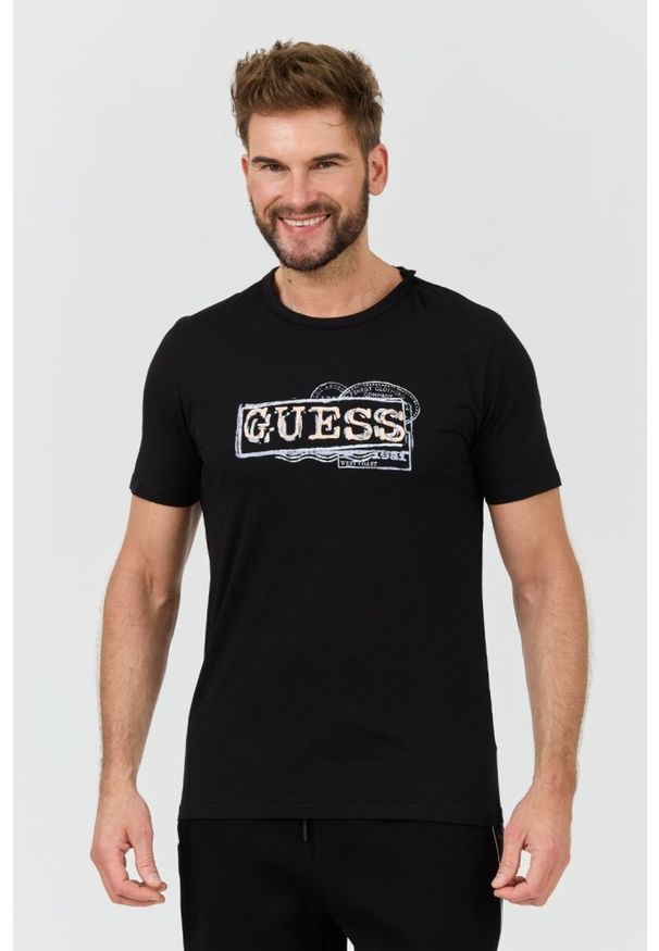 Guess - GUESS Czarny męski t-shirt Box Logo, Rozmiar L. Kolor: czarny