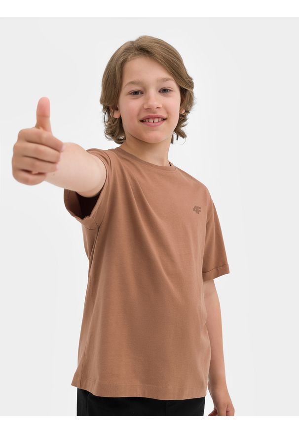 4f - T-shirt gładki chłopięcy - brązowy. Kolor: brązowy. Materiał: bawełna. Wzór: gładki